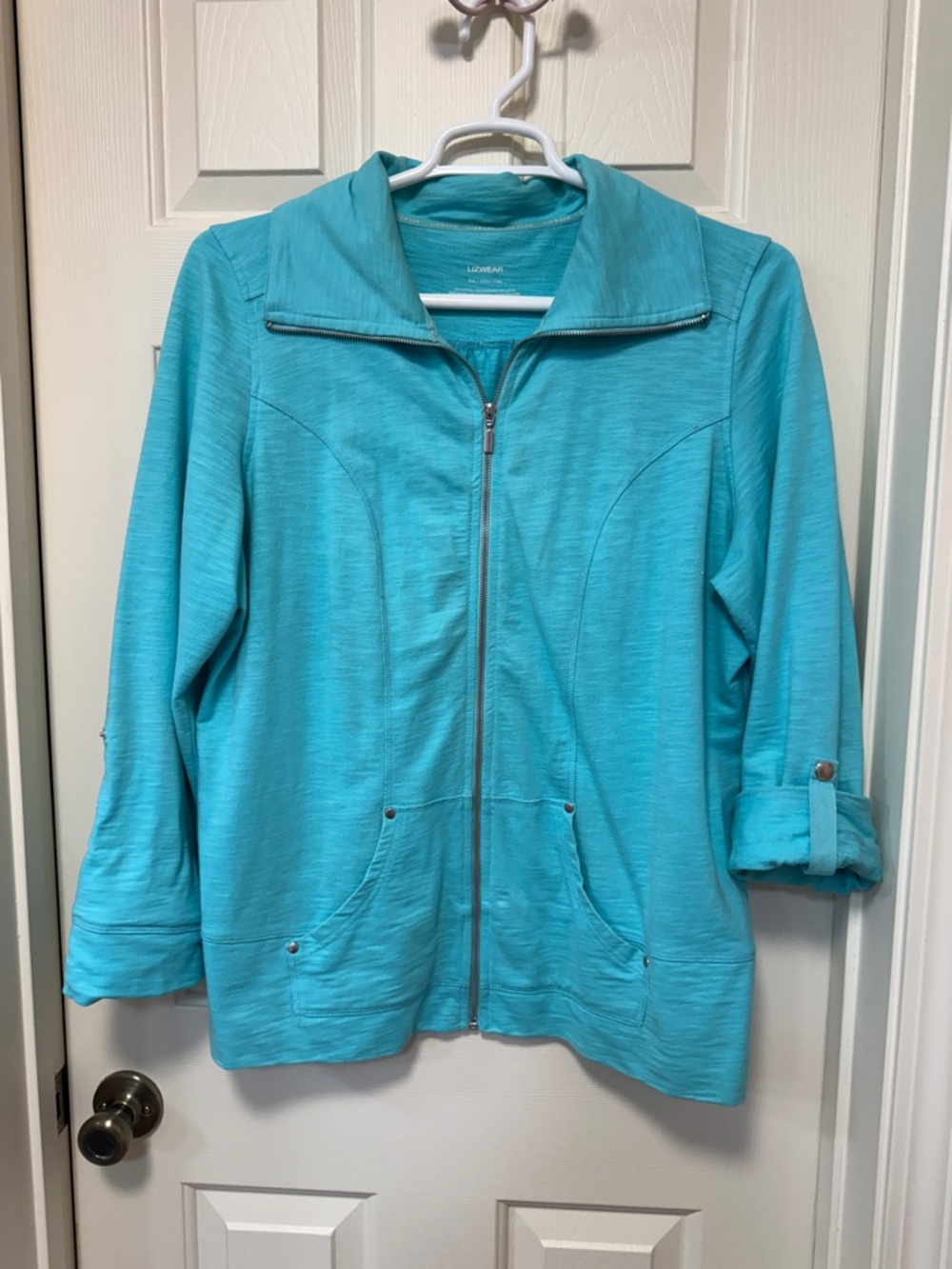Lightweight Teal Zip-Front Utility Jacket with Roll-Tab Sleeves